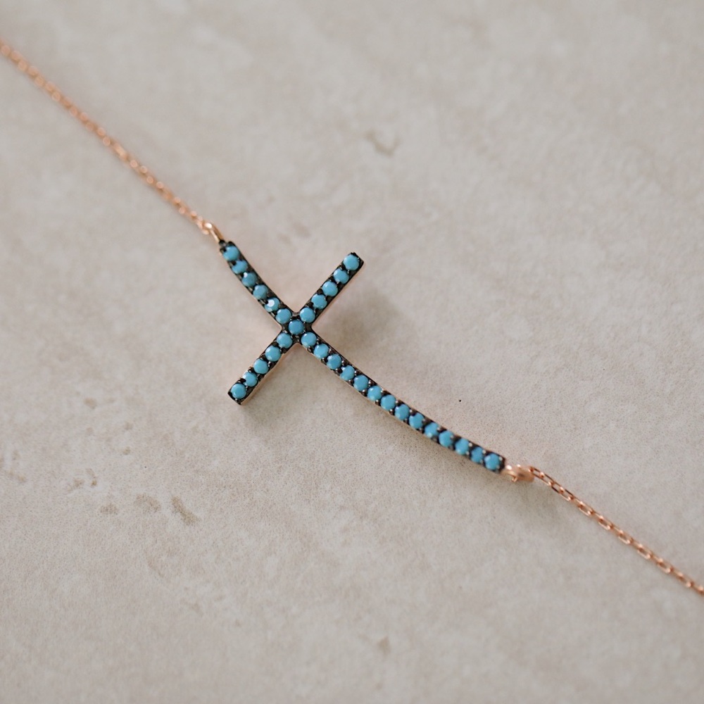 Turquoise Cross Necklace | 14k Rose Gold Plated - Picture 2 of 7